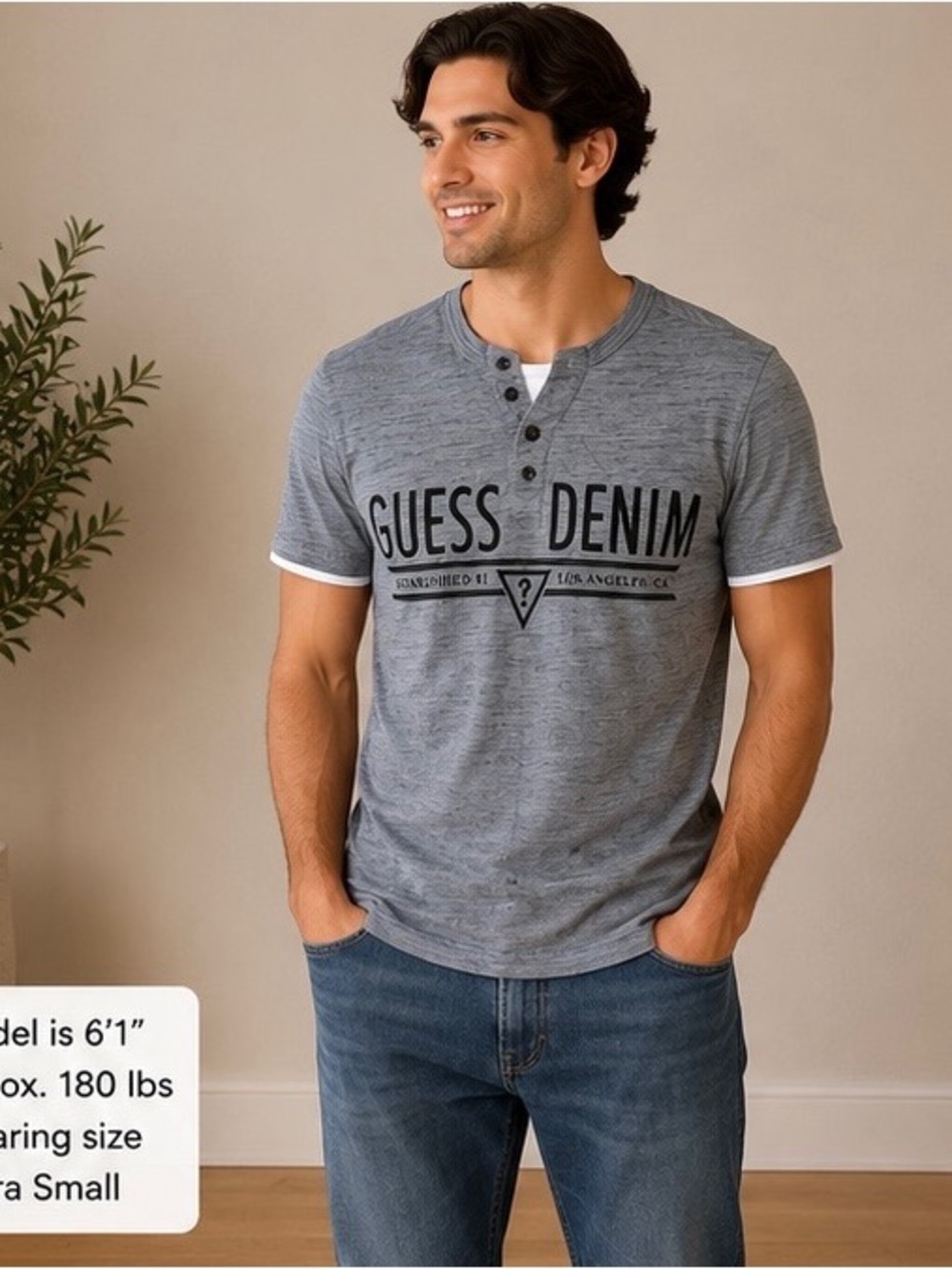 Guess Gray Henley Logo Short Sleeve Tee